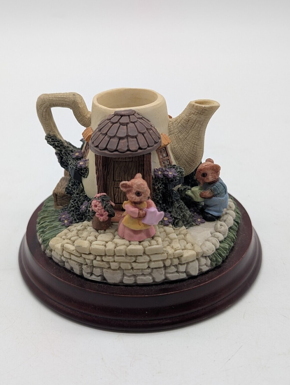 Vintage Whimsical Rese Mice Teapot Cottage Figurine on Wood Base - Cottagecore
